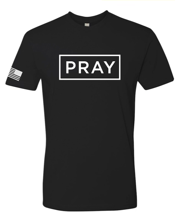 PRAY Box Logo T-Shirt with American Flag on Sleeve