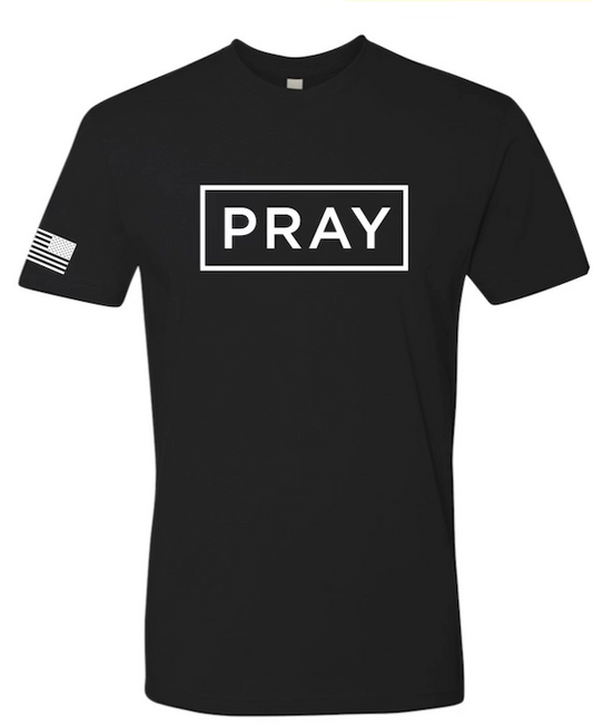 PRAY Box Logo T-Shirt with American Flag on Sleeve